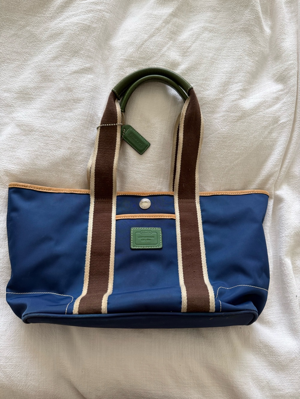 Vintage Coach Hamptons Weekender Blue Canvas with Brown Stripe Handles